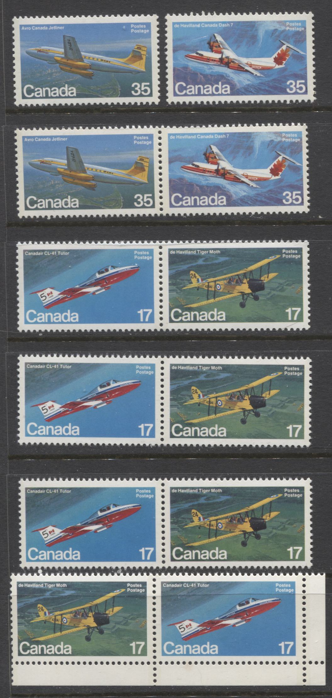 Canada #903-904ai, 906a 17c & 35c Multicoloured Various Aircraft, 1981 Canadian Aircraft Issue, 5 VFNH Horizontal Se-Tenant Pairs & 2 Singles, Various NF/NF, DF/DF, LF/LF, LF/F And F/F Papers