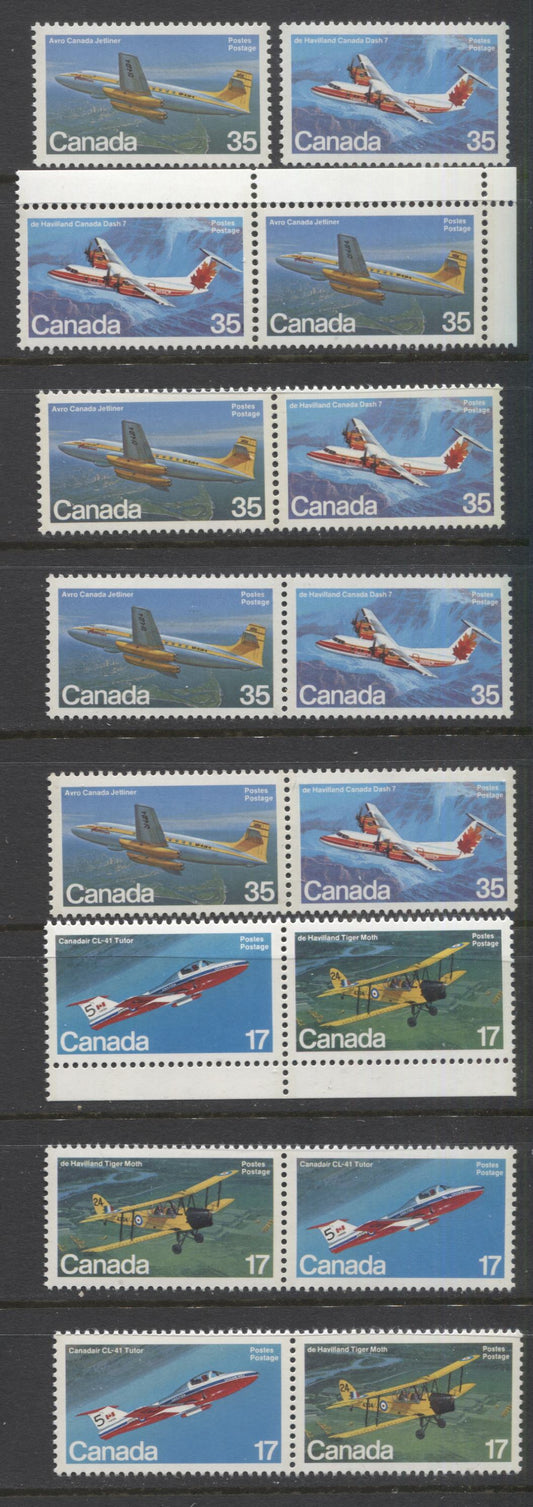 Lot 435 Canada #904a-ai, 906a 17c & 35c Multicoloured Various Aircraft, 1981 Canadian Aircraft Issue, 7 VFNH Horizontal Se-Tenant Pairs & 2 Singles, Various DF/DF, LF/LF, DF/LF, LF/F Papers, Different From Lot 434