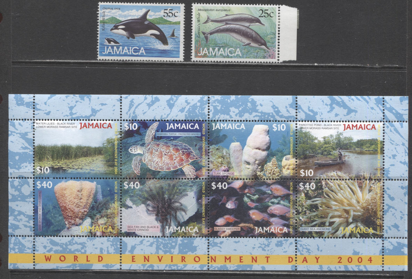 Lot 54 Jamaica SC#684/985 1988-2004 Marine Mammals - Envionmental Day Issues, 3 VFOG/NH Singles & Souvenir Sheet, Click on Listing to See ALL Pictures, 2017 Scott Cat. $16.25