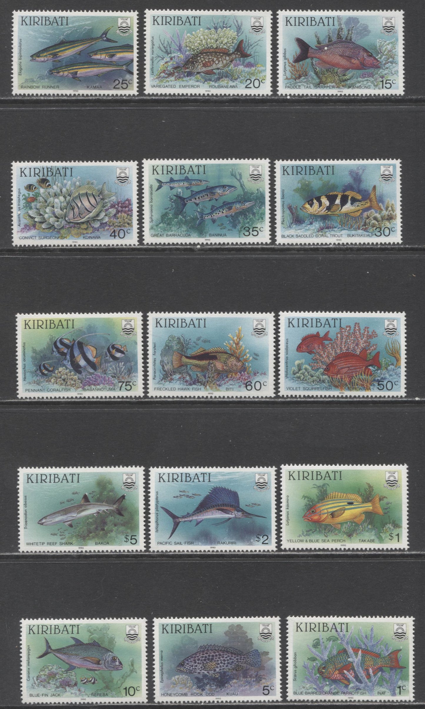 Lot 56 Kiribati SC#540-554 1990 Fish, 15 VFOG Singles, Click on Listing to See ALL Pictures, 2017 Scott Cat. $29.3