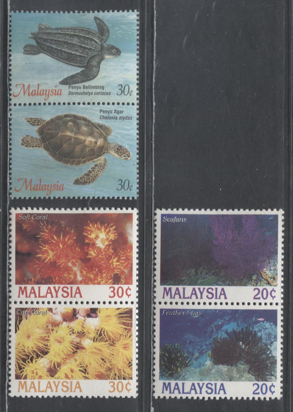 Lot 63 Malaysia SC#543a/563 1995 Marine Life & Turtles Issues, Top Stamp Hinged, Bottom Stamp NH, 3 VFOG/NH Pairs, Click on Listing to See ALL Pictures, 2017 Scott Cat. $9.65