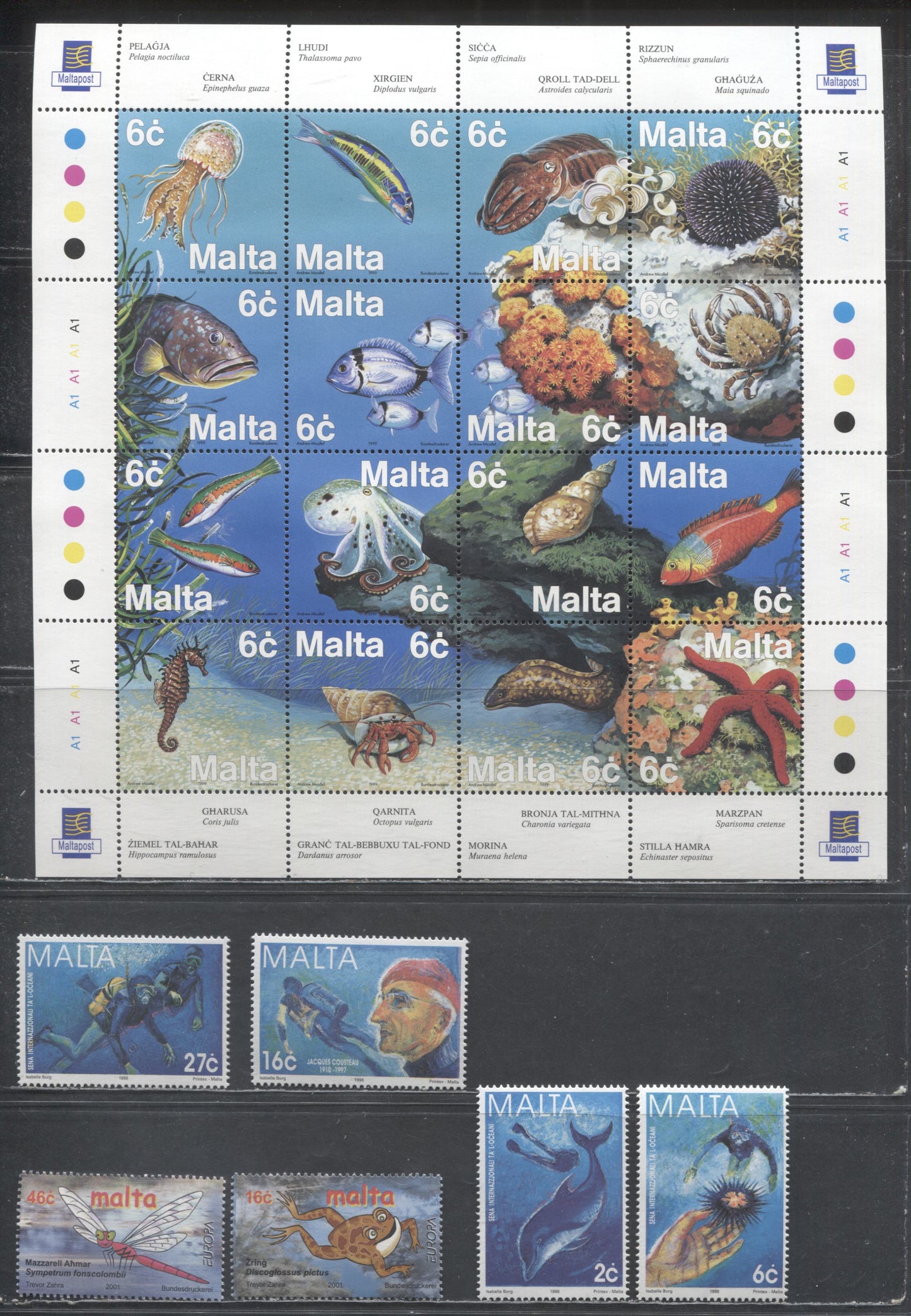 Lot 66 Malta SC#946/1054 1998-2001 International Year Of The Ocean - Europa Issues, 7 VFNH Singles & Souvenir Sheet Of 16, Click on Listing to See ALL Pictures, 2017 Scott Cat. $19.15