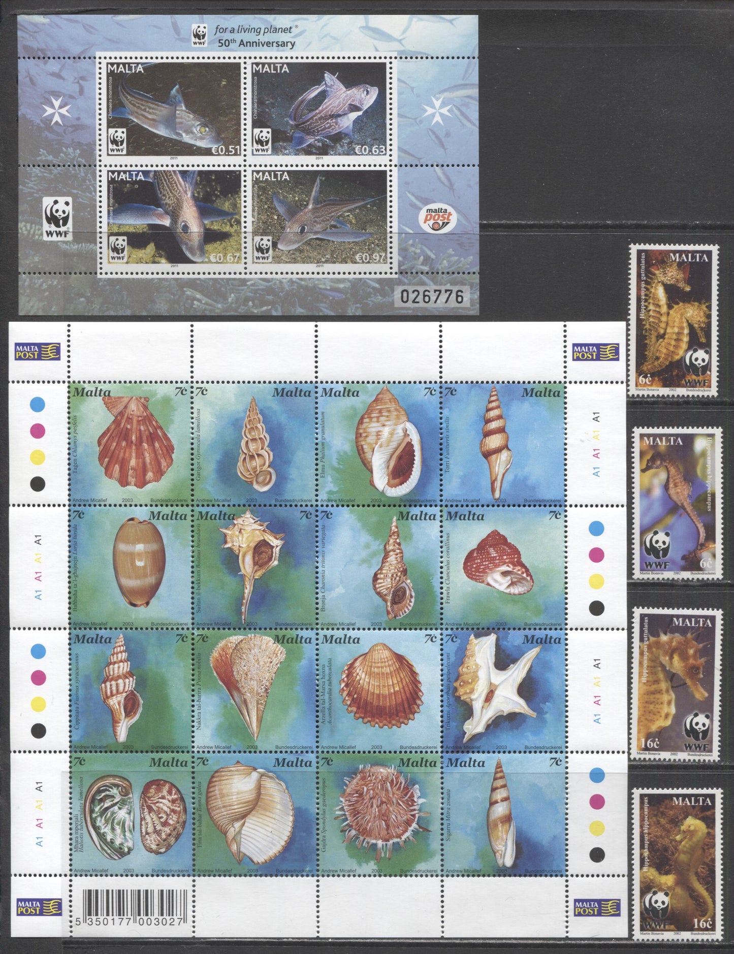 Lot 67 Malta SC#1071/1429 2002-2011 Seahorses - WWF Nature Issues, 6 VFNH Singles & Souvenir Sheets Of 4 & 16, Click on Listing to See ALL Pictures, 2017 Scott Cat. $19