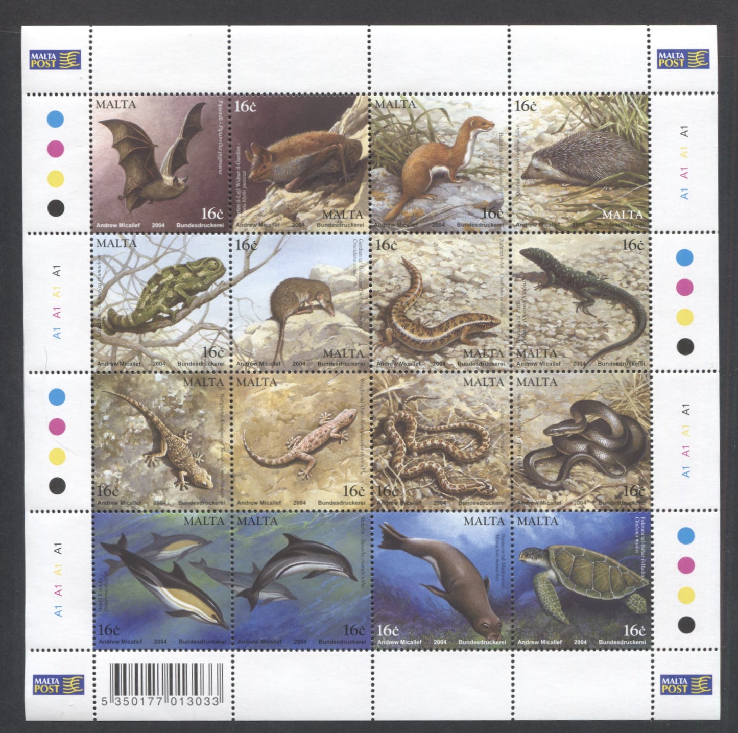 Lot 68 Malta SC#1159 16c Multicolored 2004 Fauna Issue, A VFNH Souvenri Sheet Of 16, Click on Listing to See ALL Pictures, 2017 Scott Cat. $15