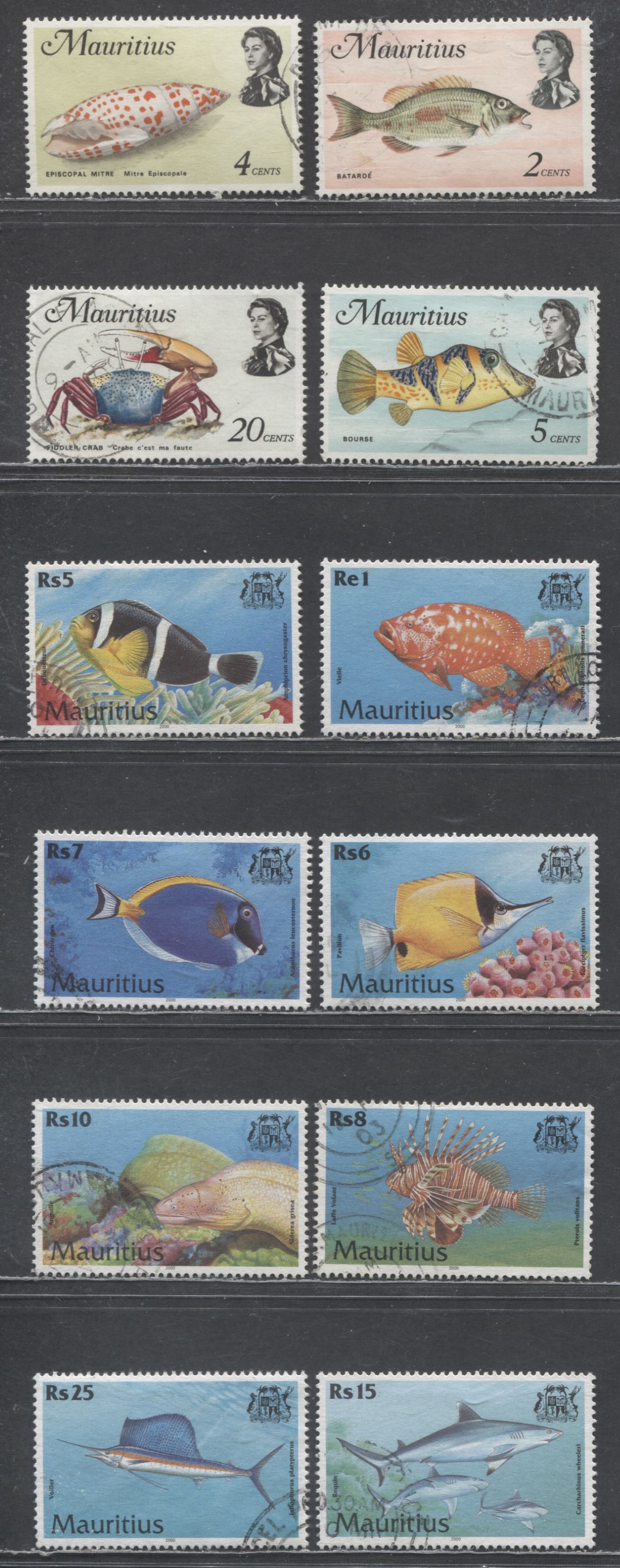 Lot 72 Mauritius SC#333b/921 1969-2000 Marine Life - Fish Issues, 12 Very Fine Used Singles, 2017 Scott Cat. $12.3