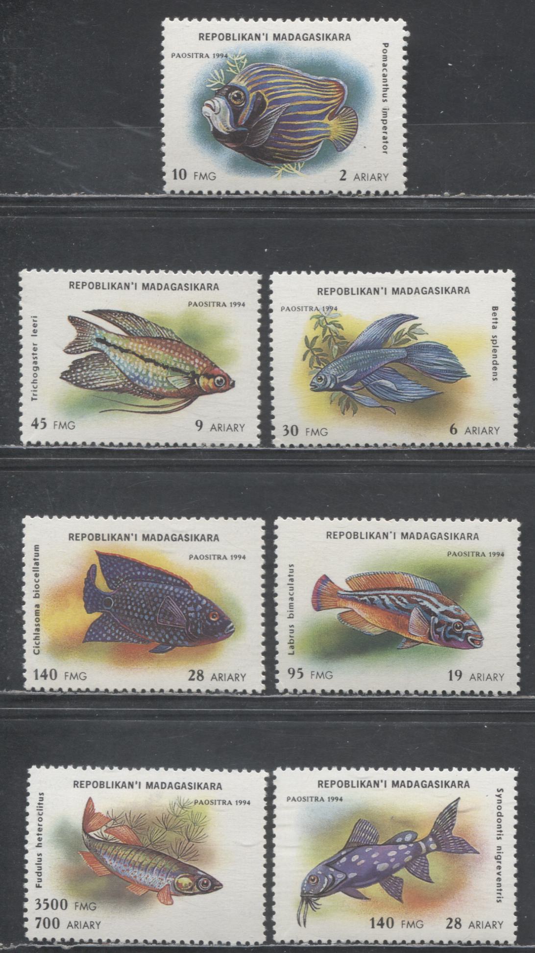 Lot 76 Madagascar SC#1192-1198 1994 Aquarium Fish Issue, 7 VFOG Singles, Click on Listing to See ALL Pictures, 2017 Scott Cat. $5.75