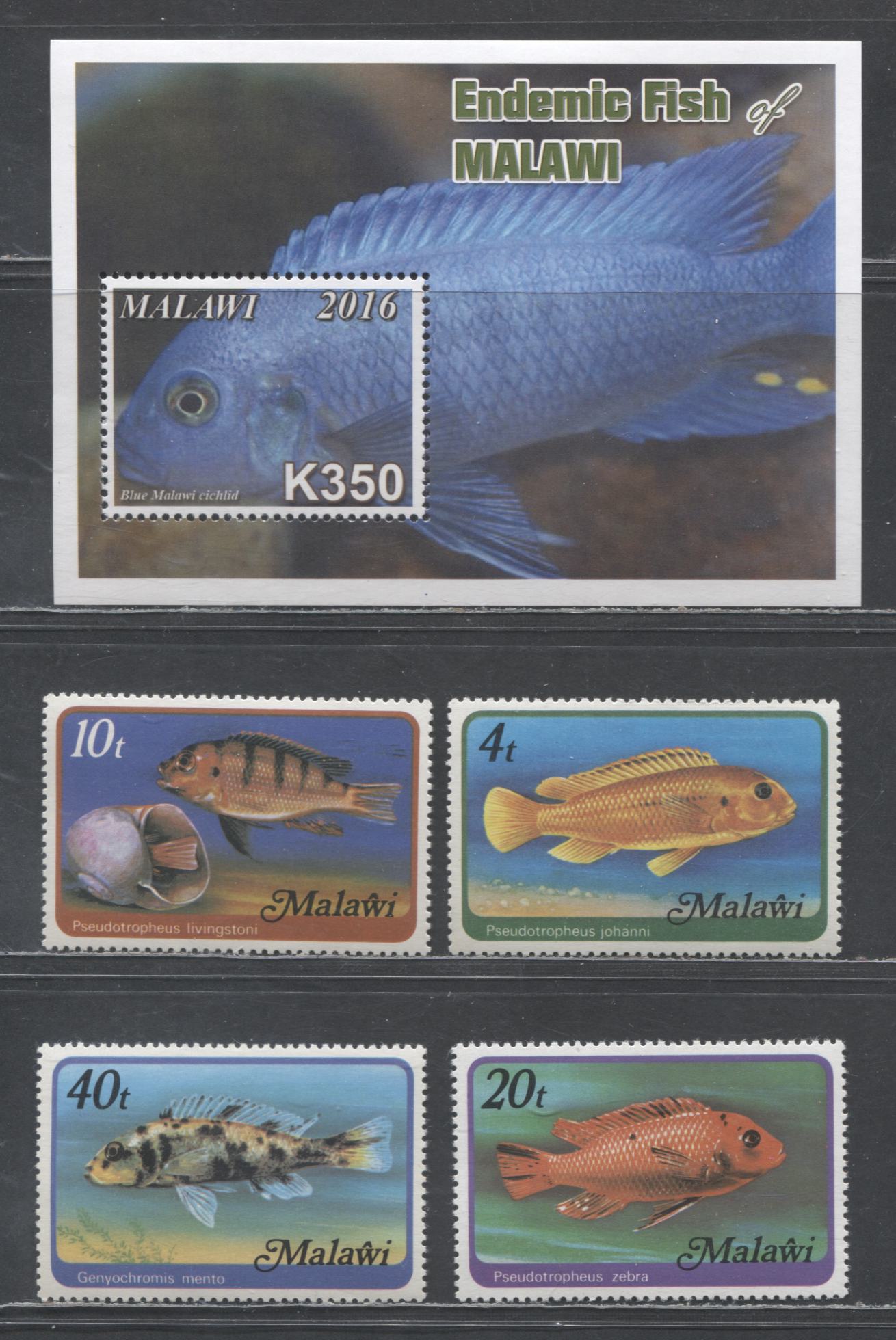 Lot 78 Malawi SC#307/807 1977-2016 Fish Issue, 5 VFNH Singles & Souvenir Sheet, Click on Listing to See ALL Pictures, 2017 Scott Cat. $4+