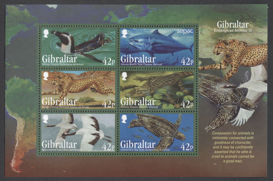 Lot 8 Gibraltar SC#1410a 42p Multicolored 2013 Endangered Animal Issue, A VFNH Souvenir Sheet Of 6, Click on Listing to See ALL Pictures, 2017 Scott Cat. $8