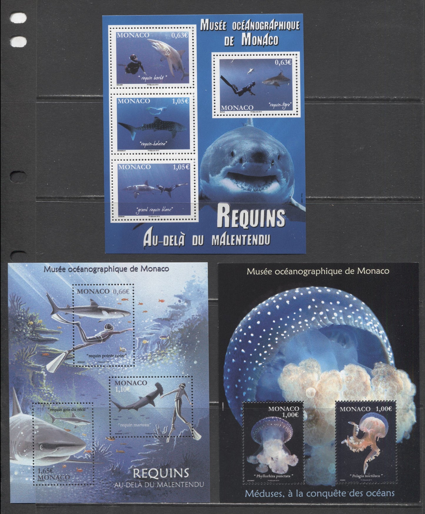 Lot 83 Monaco SC#2729/2791 2013-2015 Sharks & Jellyfish Issues, 3 VFNH Souvenir Sheets, Click on Listing to See ALL Pictures, 2017 Scott Cat. $19.5