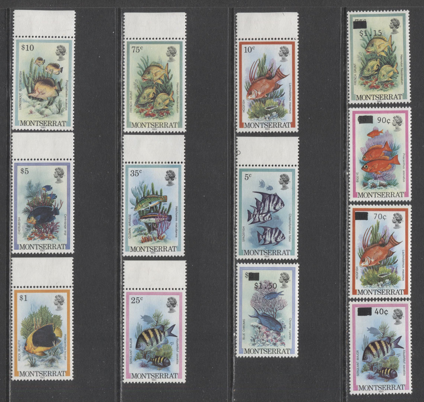 Lot 87 Montserrat SC#445a/515 1983 Inscribed & Surcharged Fish Issues, 13 VFOG Singles, Click on Listing to See ALL Pictures, 2017 Scott Cat. $18.55