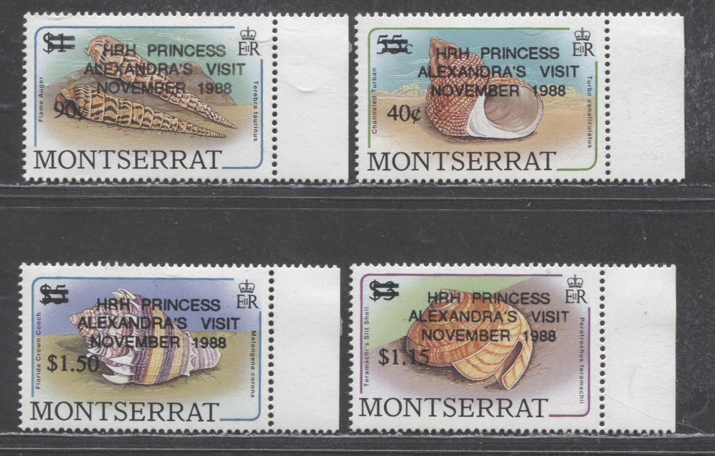 Montserrat SC#698-701 1988 Surcharged Seashell Issue, 4 VFOG Singles, Click on Listing to See ALL Pictures, 2017 Scott Cat. $6.25