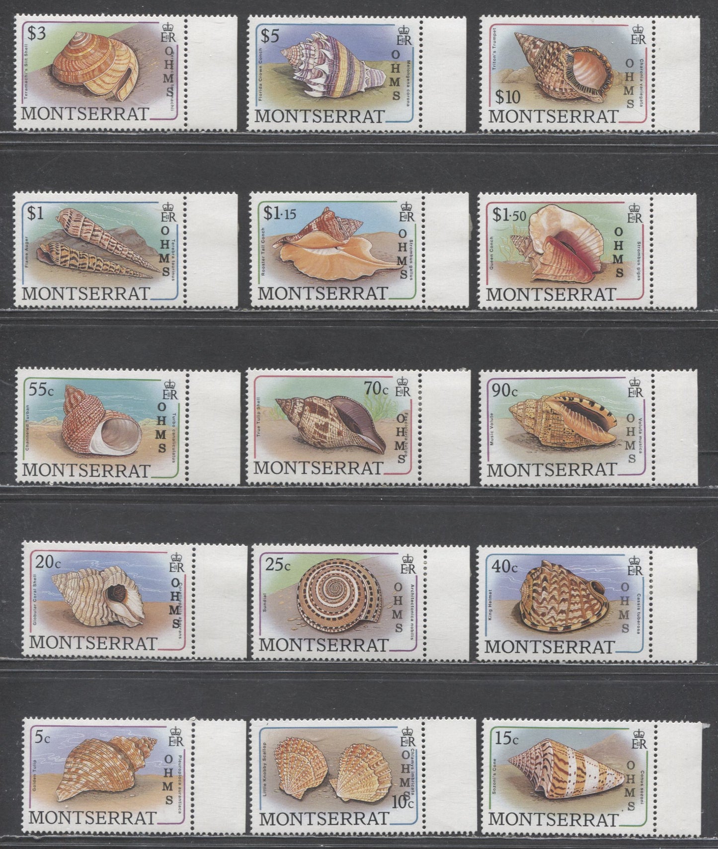 Lot 91 Montserrat SC#O79-O94 1989 Overprinted Seashell Issue, 15 VFOG Singles, Click on Listing to See ALL Pictures, 2017 Scott Cat. $26.55