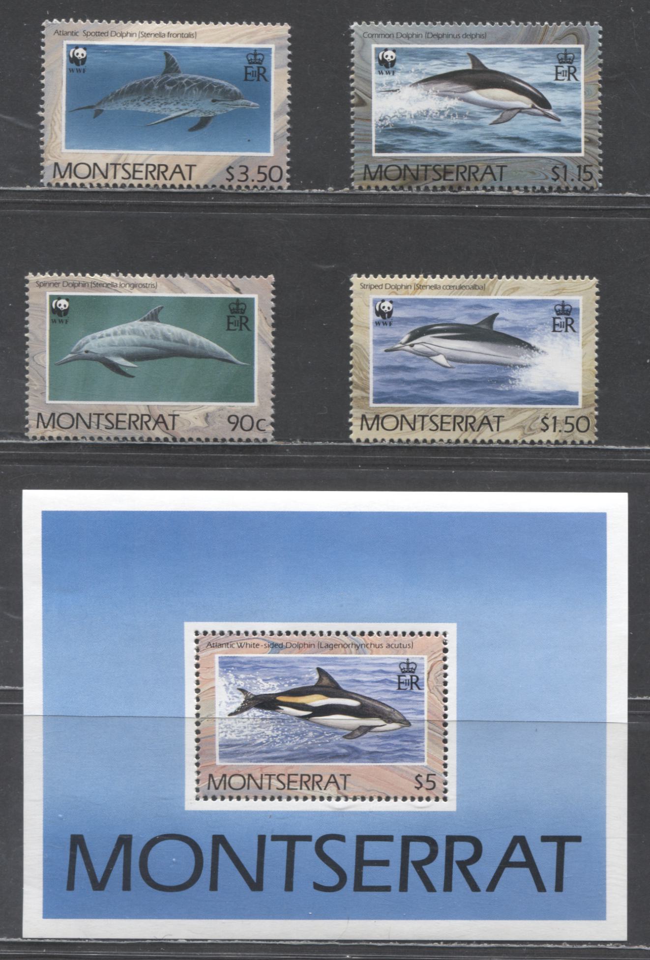 Lot 92 Montserrat SC#753-757 1990 Dolphins Issue, 5 VFOG & NH Singles & Souvenir Sheet, Click on Listing to See ALL Pictures, 2017 Scott Cat. $28.85