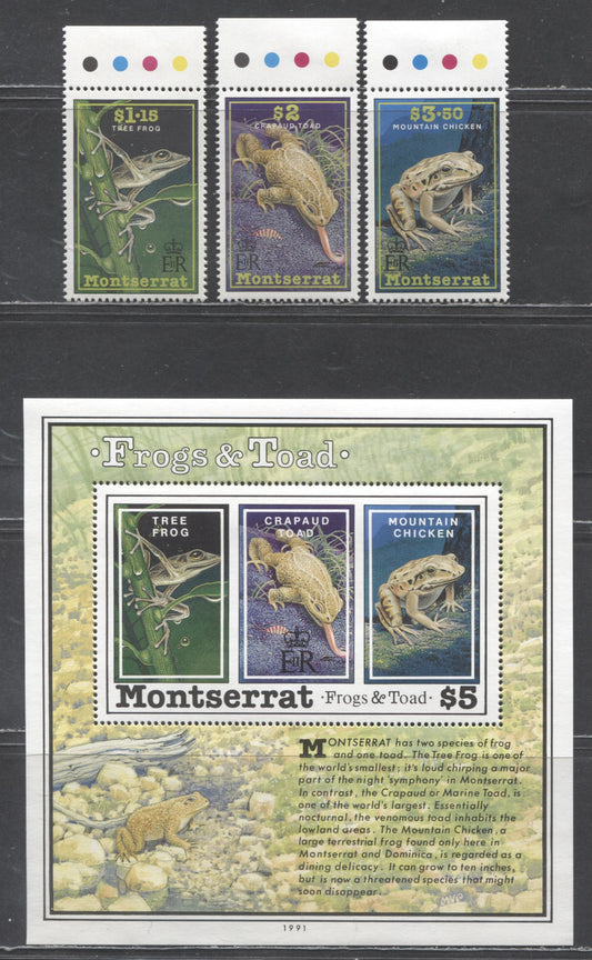 Lot 94 Montserrat SC#780-783 1991 Frogs Issue, 4 VFNH & OG Singles & Souvenir Sheet, Click on Listing to See ALL Pictures, 2017 Scott Cat. $30.25