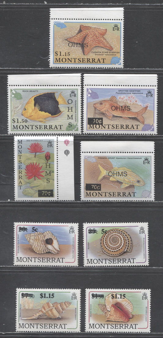 Lot 95 Montserrat SC#767/O107 1991-1992 Seashell Surcharges & Overprinted Issues, 9 VFOG Singles, Click on Listing to See ALL Pictures, 2017 Scott Cat. $18.25
