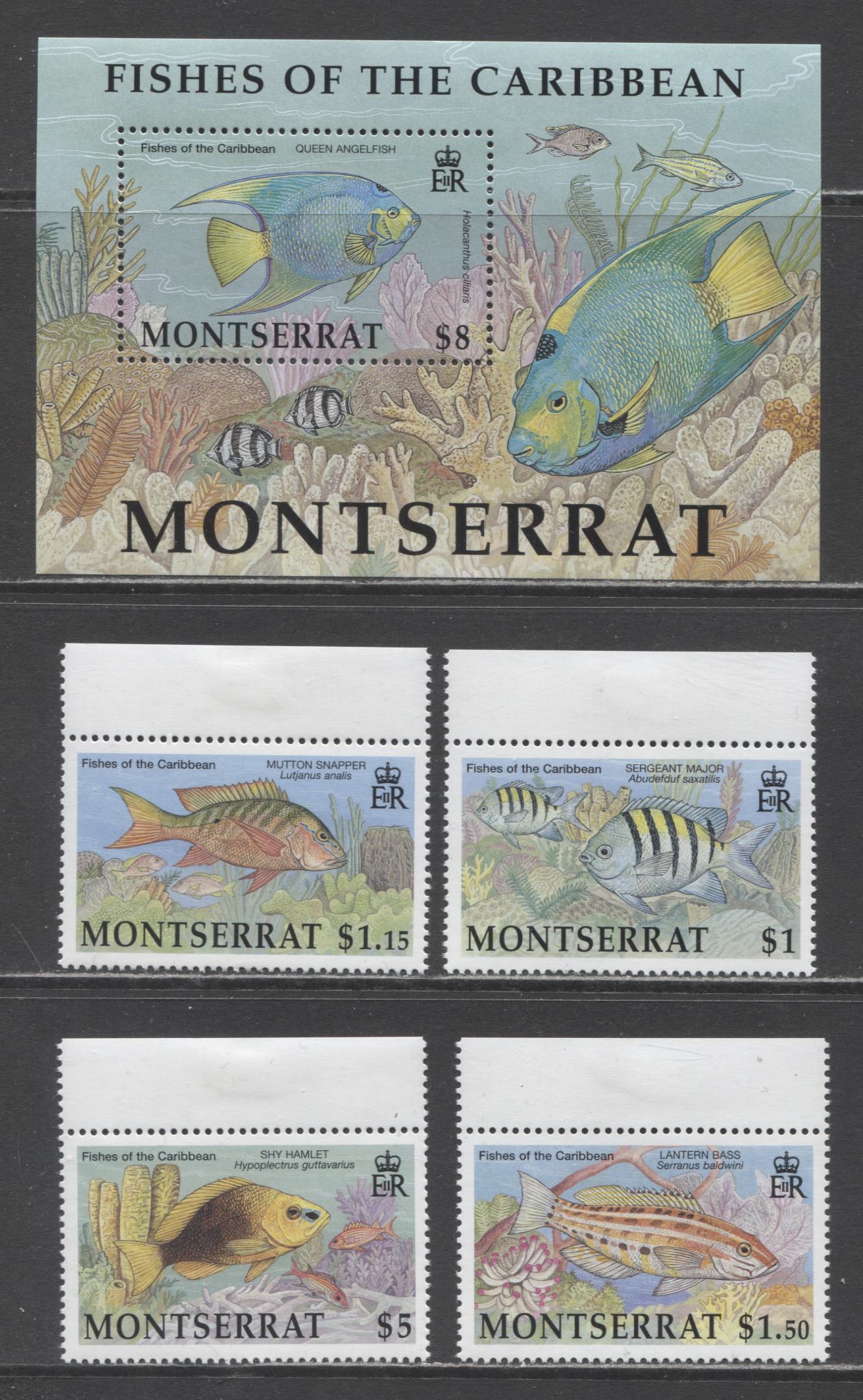 Lot 99 Montserrat SC#1063-1067 2002 Fish Issue, 4 VFOG & NH Singles & Souvenir, Click on Listing to See ALL Pictures, 2017 Scott Cat. $22