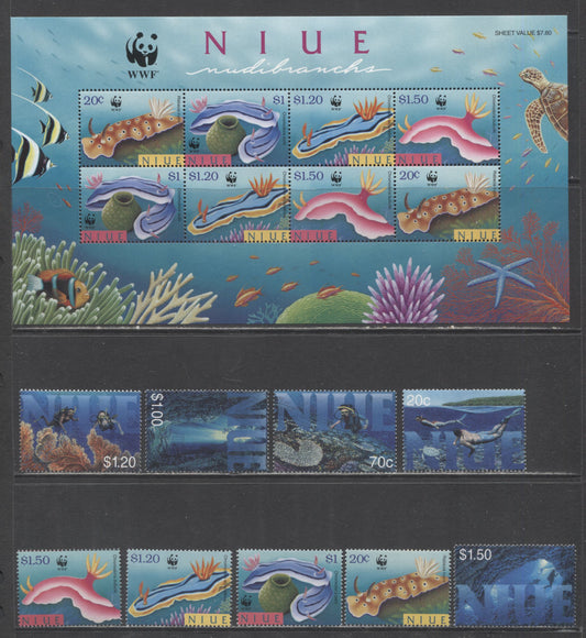 Lot 10 Niue SC#707/732a 1998-1999 Diving - Nudibranchs Issues, 9 VFNH Singles & Souvenir Sheet, Click on Listing to See ALL Pictures, 2017 Scott Cat. $24