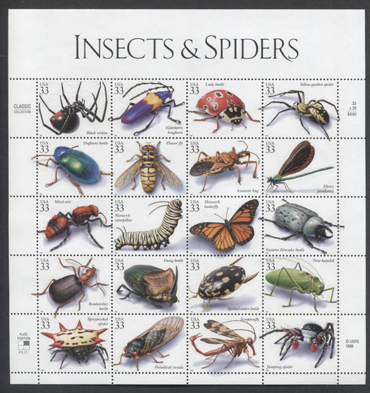 Lot 113 United States SC#3351 33c Multicolored 1999 Insects & Spiders Issue, A VFNH Sheet Of 20, Click on Listing to See ALL Pictures, 2017 Scott Cat. $14