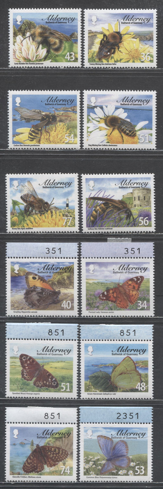 Lot 118 Alderney SC#313/343 2008-2009 Butterflies & Bees Issues, 12 VFNH Singles, Click on Listing to See ALL Pictures, 2017 Scott Cat. $21.5