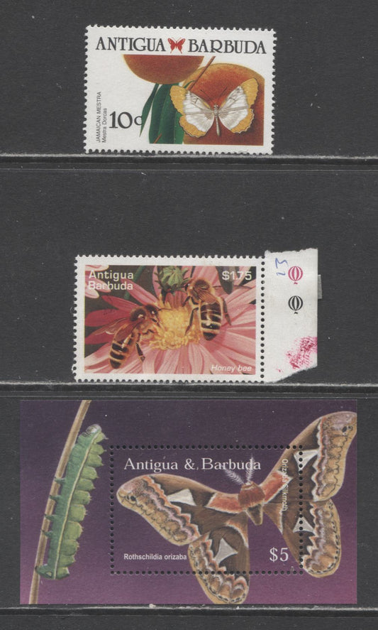 Lot 126 Antigua SC#1149/2626 1989-2002 Butterflies, Bees & Flora/Fauna Issues, 3 VFOG/NH Singles & Souvenir Sheet, Click on Listing to See ALL Pictures, 2017 Scott Cat. $6.65