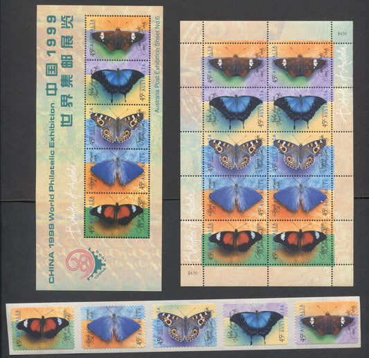 Lot 127 Australia SC#1690a-1690b 1998 Butterflies Issue, Unlisted Souvenir Sheet Of 10, 3 VFNH Strip Of 5 & Souvenir Sheets Of 5 & 10, Click on Listing to See ALL Pictures, 2017 Scott Cat. $23