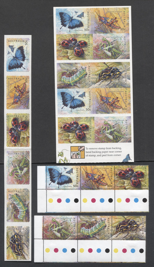 Lot 128 Australia SC#2187a/2198b 2003 Insects Issue, 4 VFNH Horiz Strips Of 3 & 6 & Unfolded Booklet Of 10, Click on Listing to See ALL Pictures, 2017 Scott Cat. $21.5