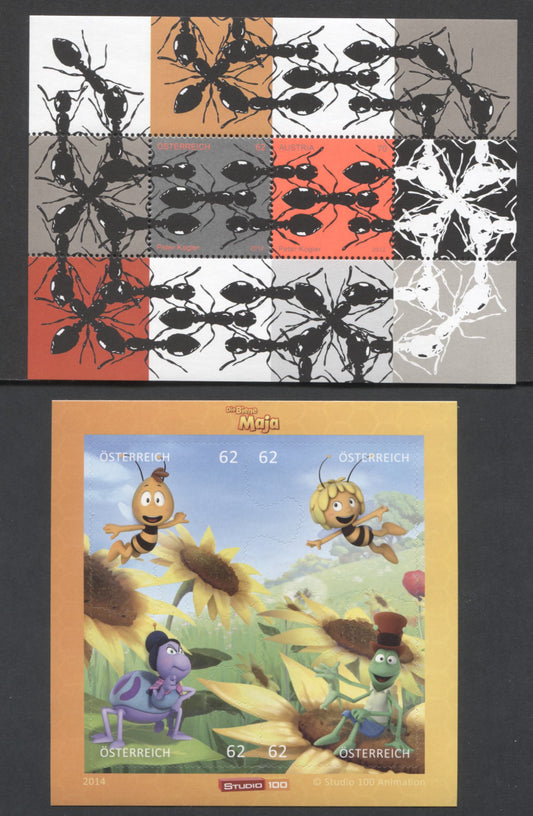 Lot 132 Austria SC#2403/2512 2012-2014 Ants - Maya The Bee Issues, 2 VFNH Souvenir Sheets, Click on Listing to See ALL Pictures, 2017 Scott Cat. $10