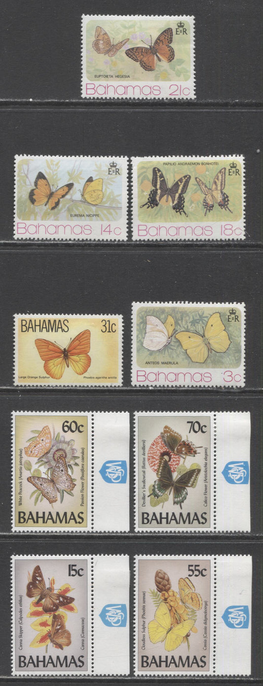 Lot 134 Bahamas SC#370/814 1975-1994 Butterfly Issues, 9 VFOG Singles, Click on Listing to See ALL Pictures, 2017 Scott Cat. $19.9