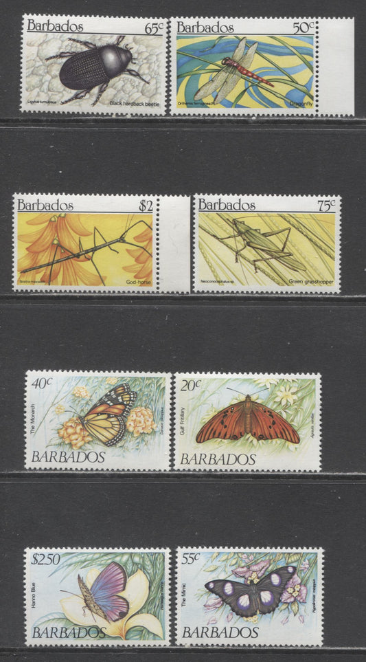 Lot 137 Barbados SC#602/787 1983-1990 Butterflies & Insect Issues, 8 VFOG Singles, Click on Listing to See ALL Pictures, 2017 Scott Cat. $26.35