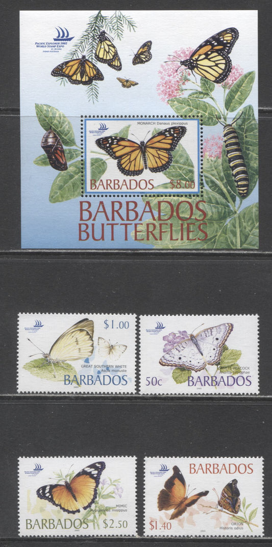 Lot 139 Barbados SC#1073-1077 2005 Butterfly Issue, 5 VFNH Singles & Souvenir Sheet, Click on Listing to See ALL Pictures, 2017 Scott Cat. $24.5