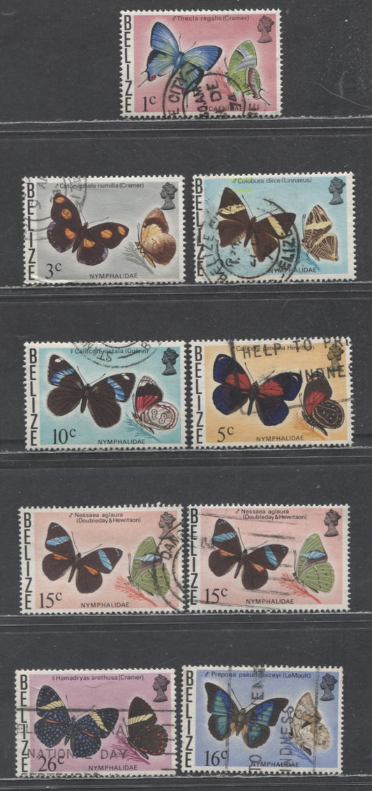 Lot 142 Belize SC#346/355 1974-1977 Butterfly Issues, 9 Very Fine Used Singles, Click on Listing to See ALL Pictures, 2017 Scott Cat. $19