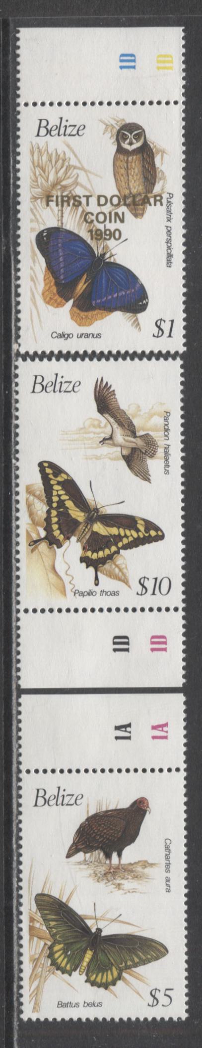 Lot 147 Belize SC#942-944 1990 Birds & Butterflies & '1st Dollar Coin' Overprint Issues, 3 VFNH/OG Singles, 2017 Scott Cat. $25.5