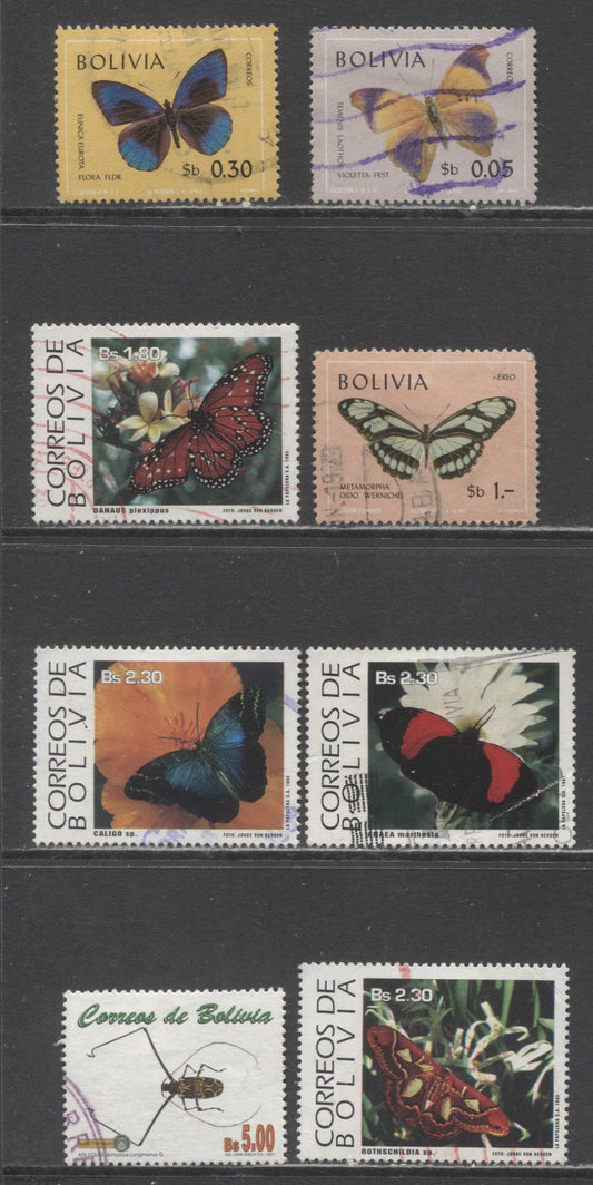 Lot 153 Bolivia SC#521/C302 1970-2001 Butterflies & Insect Issues, 8 Very Fine Used Singles, Click on Listing to See ALL Pictures, 2017 Scott Cat. $10.9