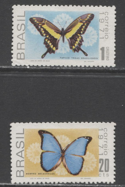 Lot 155 Brazil SC#1185-1186 1971 Butterfly Issue, 2 VFOG Singles, Click on Listing to See ALL Pictures, 2017 Scott Cat. $9.1