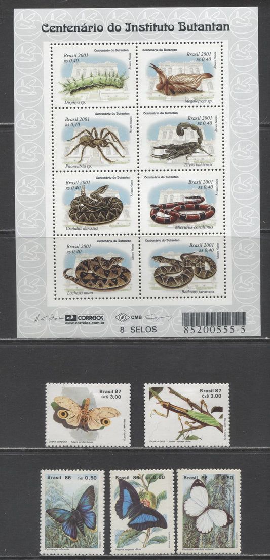 Lot 156 Brazil SC#2048/2782 1986-2001 Butterflies, Entomological Society 50th Anniversary & Venomous Animal Issues, 6 VFOG/NH Singles & Souvenir Sheet, 2017 Scott Cat. $7.05