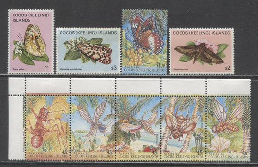 Lot 167 Cocos Island SC#87/303 1982-1995 Butterfly & Insect Issues, 5 VFOG/NH Singles & Strip Of 5, 2017 Scott Cat. $14.95