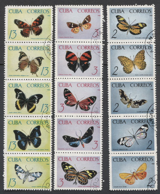 Lot 173 Cuba SC#1000a-1010a 1965 Butterfly Issues, 3 Very Fine Used Strips Of 5, Click on Listing to See ALL Pictures, 2017 Scott Cat. $16