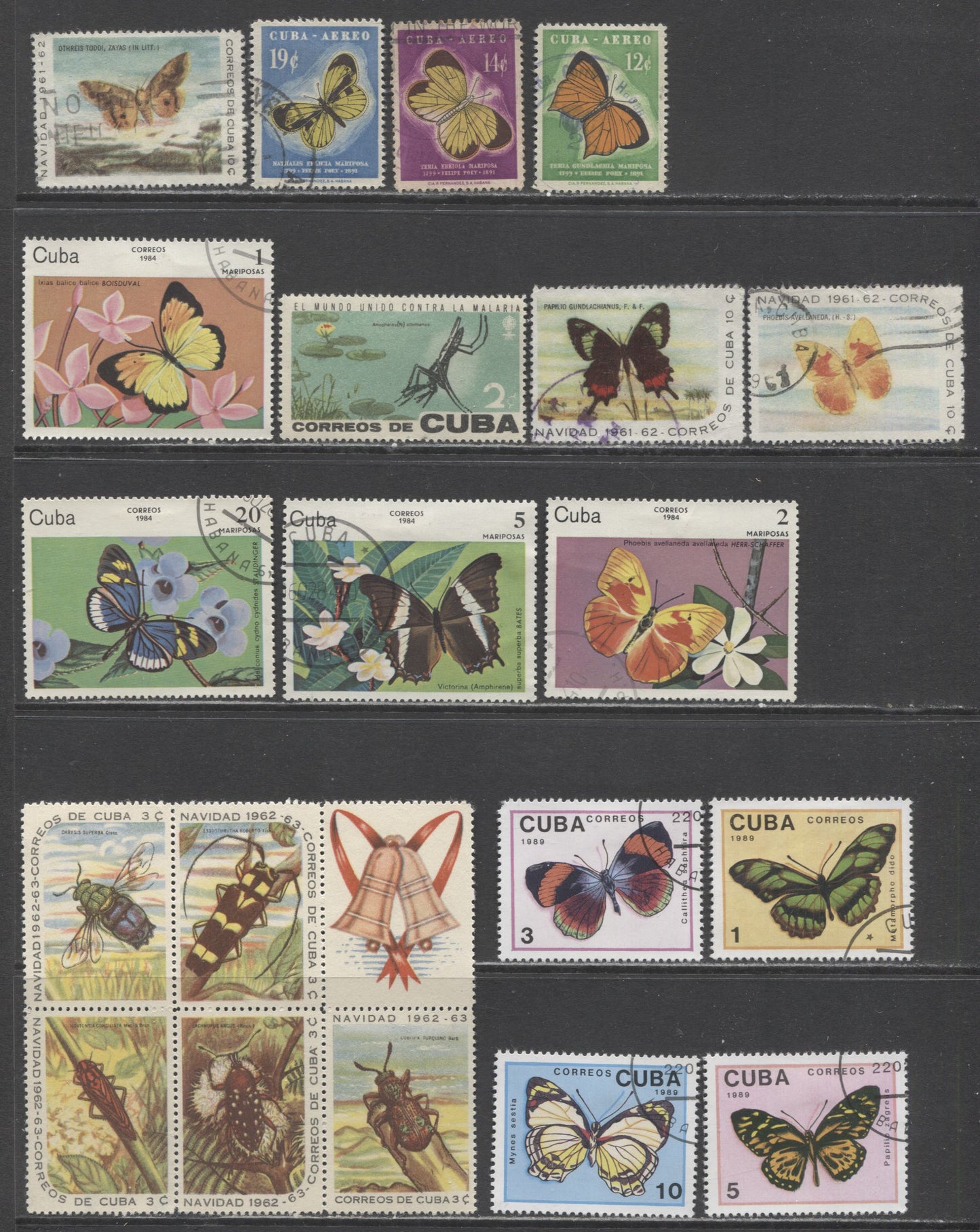 Lot 174 Cuba SC#696/C189 1958-1962 Butterfly Airmails, WHO Eradicate Malaria & Christmas Insect Issues, 16 Very Fine Used & OG Singles & Block Of 5, Click on Listing to See ALL Pictures, 2017 Scott Cat. $12.55