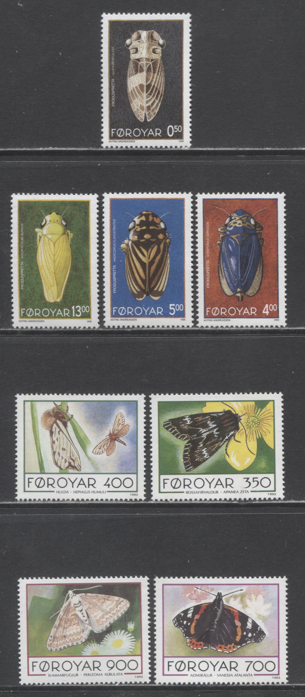 Lot 178 Faroe Islands SC#256/279 1993-1995 Butterflies & Leafhopper Issues, 8 VFNH Singles, Click on Listing to See ALL Pictures, 2017 Scott Cat. $18.05