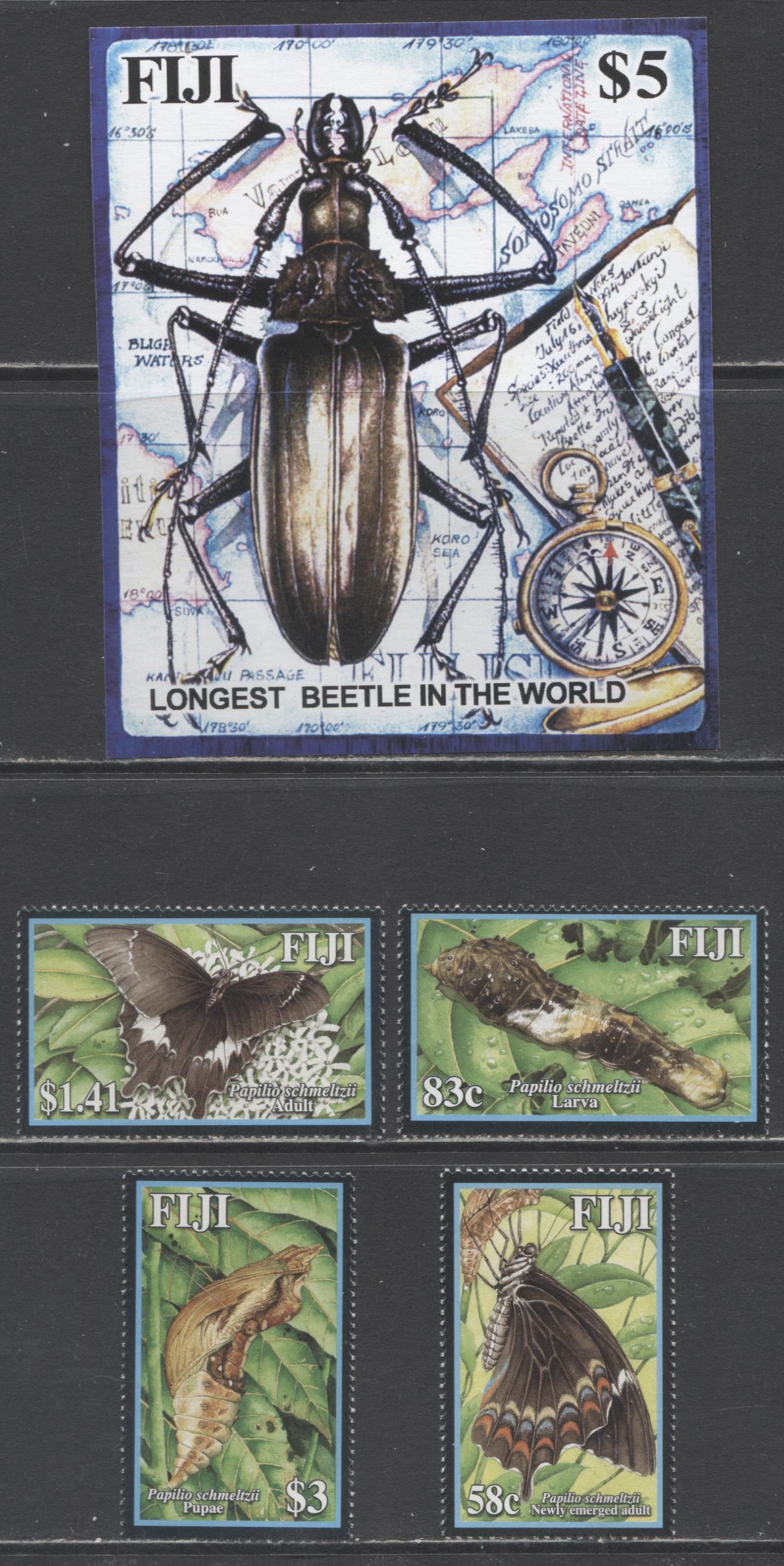 Lot 182 Fiji SC#1005/1032 2003-2004 Beetle & Moth Issues, 5 VFNH Singles & Souvenir Sheet, Click on Listing to See ALL Pictures, 2017 Scott Cat. $18