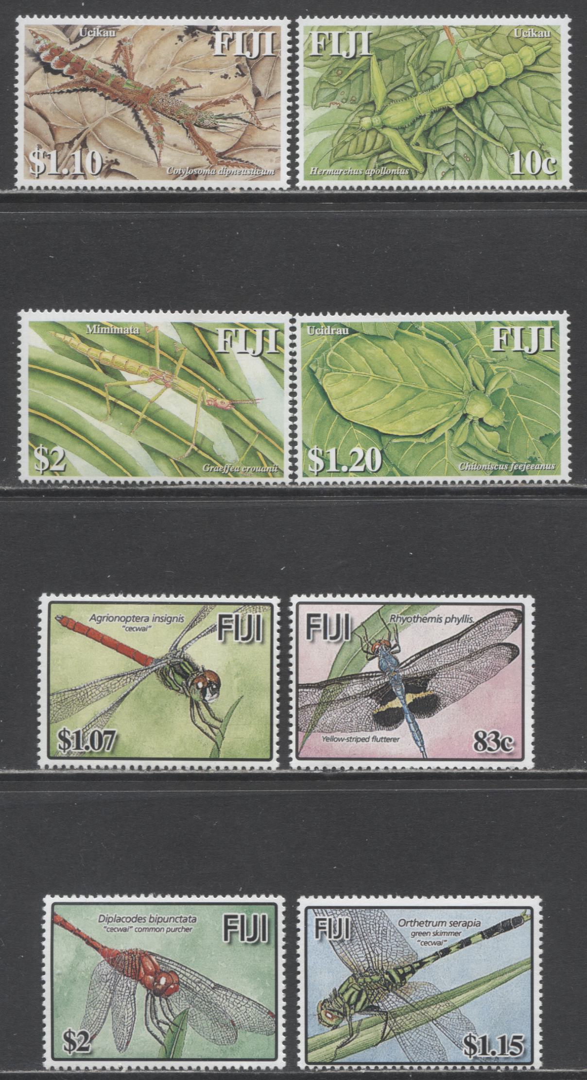 Lot 183 Fiji SC#1060/1110 2005-2006 Dragonflies & Phasmid Issues, 8 VFNH Singles, Click on Listing to See ALL Pictures, 2017 Scott Cat. $15