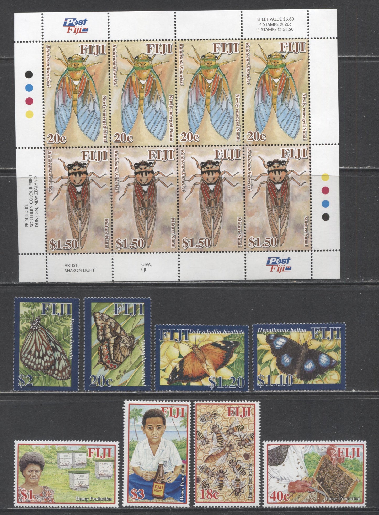 Lot 184 Fiji SC#1111/1242 2006-2010 Honey Production, Butterflies & Insect Issues, 9 VFNH Singles & Souvenir Sheet, Click on Listing to See ALL Pictures, 2017 Scott Cat. $20.5