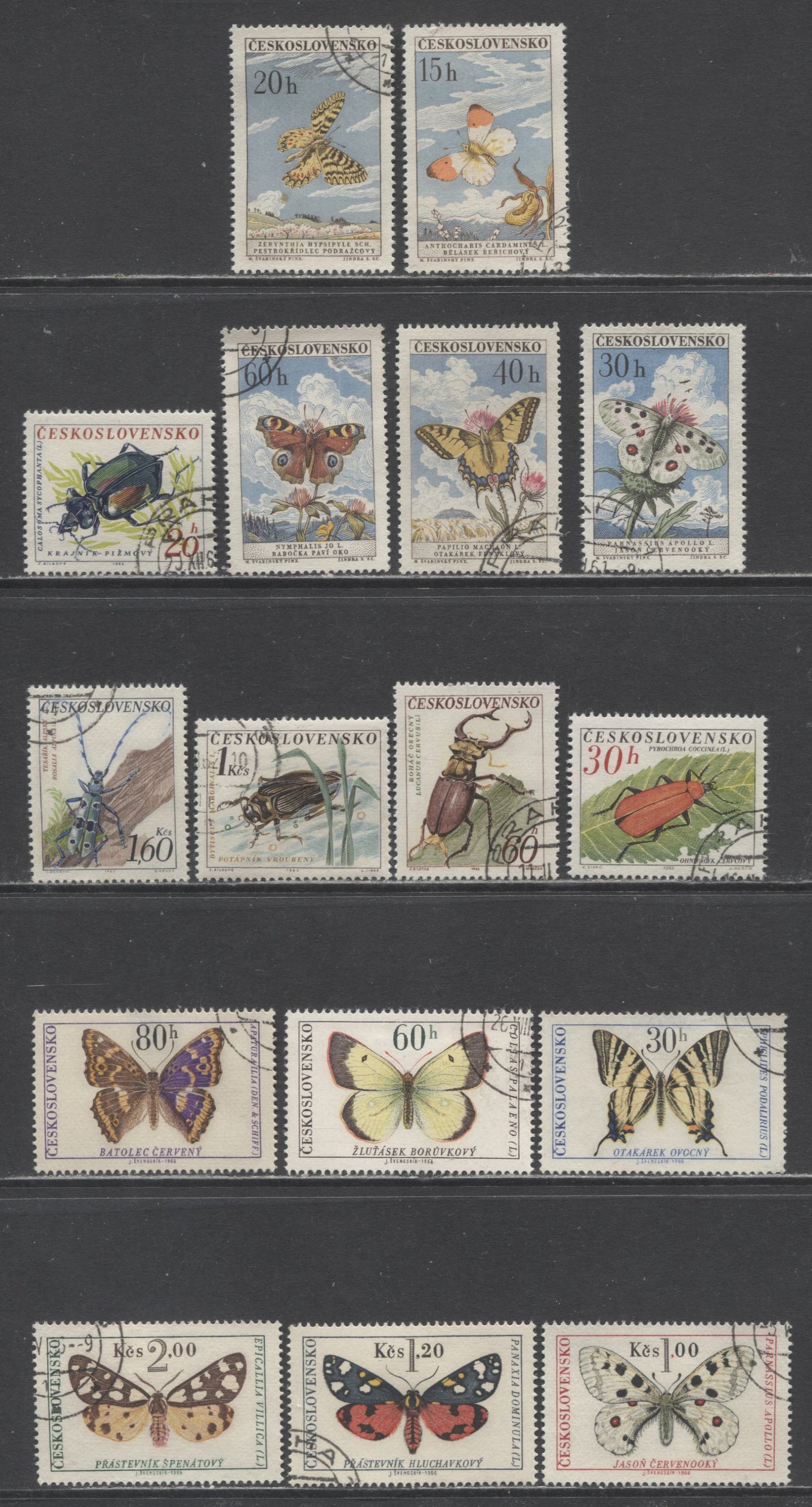 Lot 195 Czechoslovakia SC#1082/1396 1961-1966 Butterfly & Ground Beetle Issues, 15 Very Fine Used Singles, Click on Listing to See ALL Pictures, 2017 Scott Cat. $7.9
