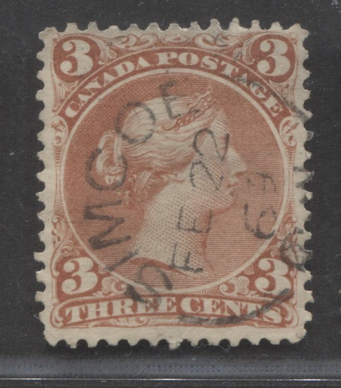 Lot 199 Canada #25 3c Red Queen Victoria, 1868-1897 Large Queen Issue, A VF Used Single, SON Feb. 22, 1869 Simcoe, UC Split Ring Cancel, Duckworth Paper 4