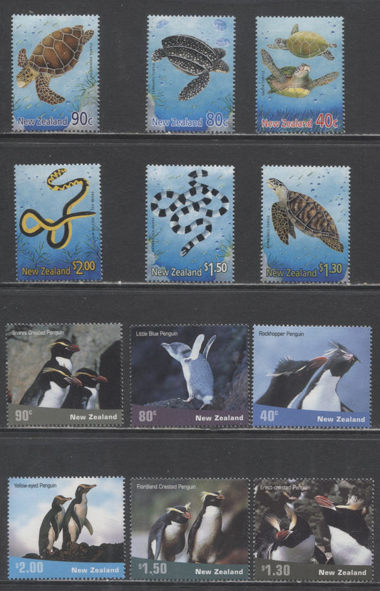 Lot 2 New Zealand SC#1696/1749 2001 Marine Reptile & Penguin Issues, 12 VFNH Singles, 2017 Scott Cat. $18.2