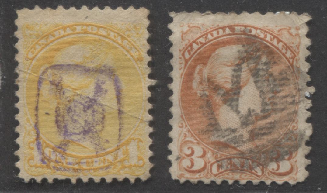 Lot 202 Canada #35, 37ii 1c, 3c Yellow and Red Orange Queen Victoria, 1870-1897 Small Queen Issue, 2 VG Used Singles, Montreal & Ottawa Printings, Fancy Knights of Columbus and "M" Cancels