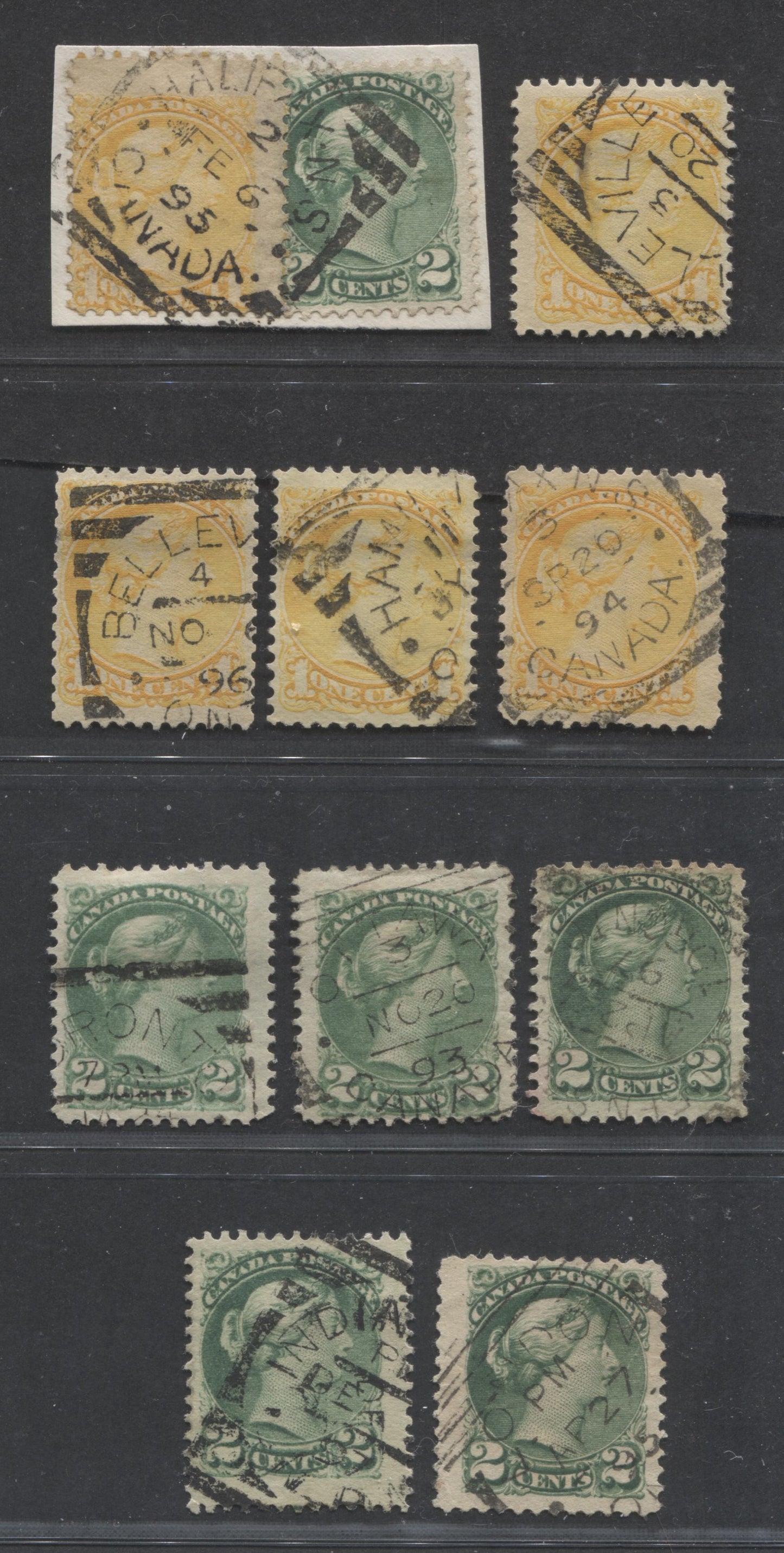 Lot 206 Canada #35, 36i 1c, 2c Yellow & Green Queen Victoria, 1870-1897 Small Queen Issue, 11 Fine & VF Used Singles, All With Full to Partial, Dated Squared Circle Cancels, 2nd Ottawa Printings