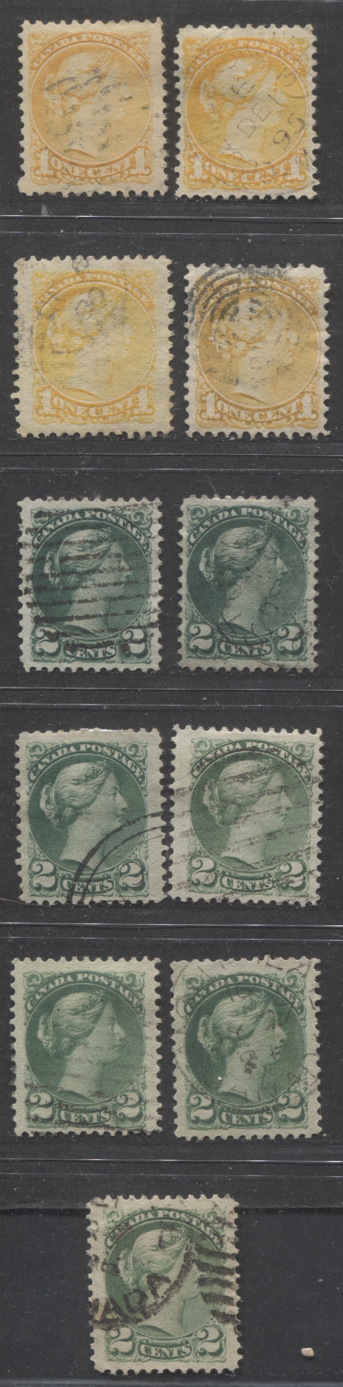 Lot 207 Canada #35, 35i, 36, 36d 1c, 2c Yellow, Green & Blue Green Queen Victoria, 1870-1897 Small Queen Issue, 11 Fine & VF Used Singles, All Different Papers and Shades, Montreal and 2nd Ottawa Printings