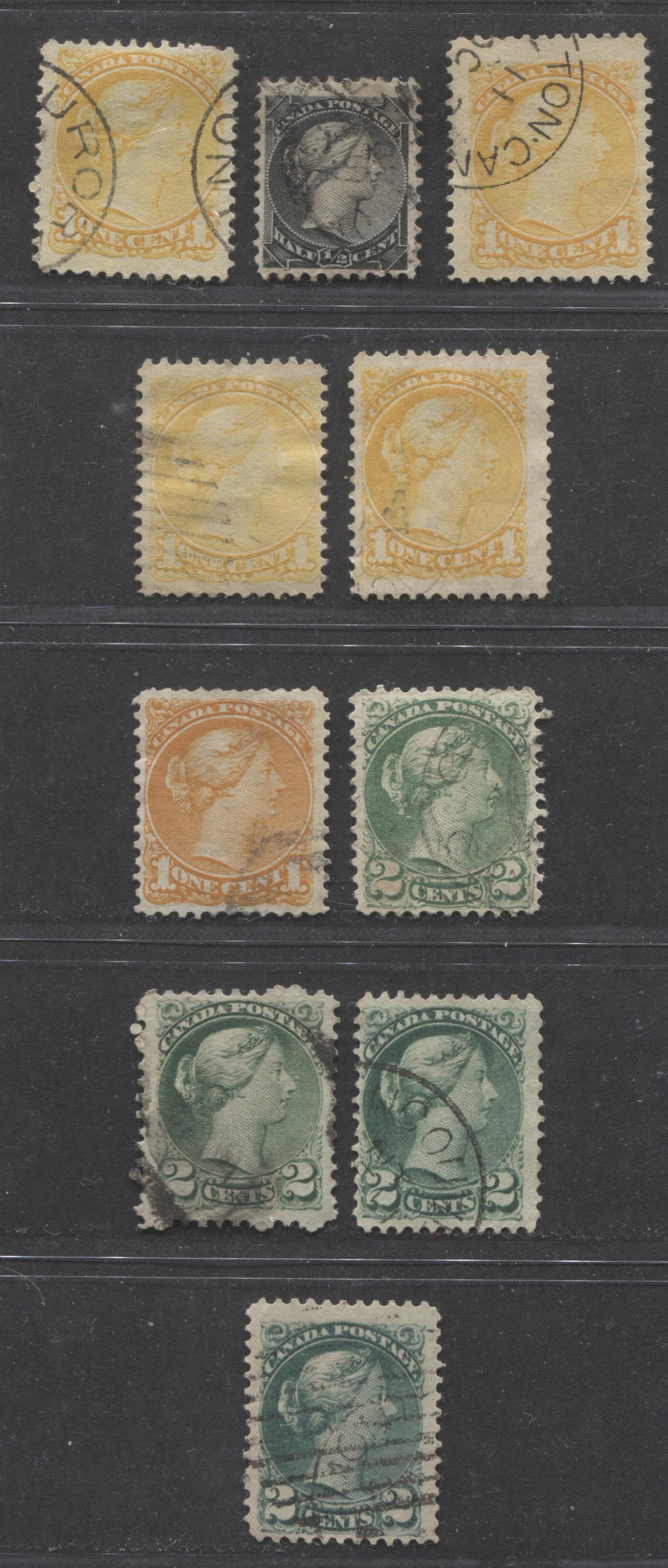 Lot 208 Canada #34, 35, 35i, 35iv, 36, 36i, 36d 1/2c, 1c, 2c Black, Yellow, Red Orange, Green & Blue Green Queen Victoria, 1870-1897 Small Queen Issue, 10 Fine Used Singles, All Different Papers and Shades, Montreal and 2nd Ottawa Printings