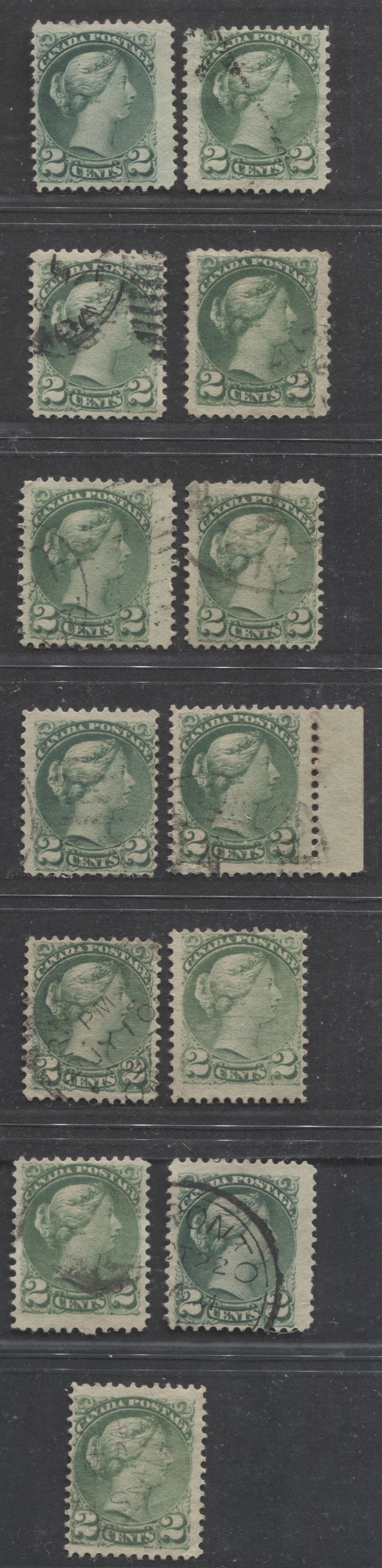 Lot 209 Canada #36i, 36ii 2c Green & Blue Green Queen Victoria, 1870-1897 Small Queen Issue, 13 Fine Used Singles, All Second Ottawa Printings, Soft, Opaque Poor Quality Wove, Various Shades